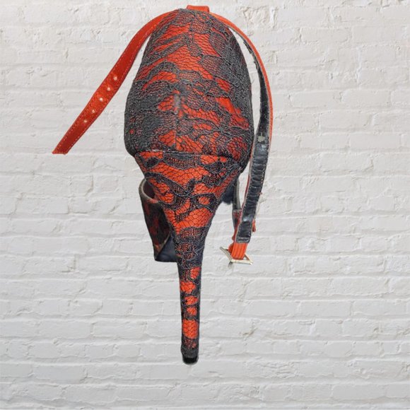 NEW BORDELLO -- Platform Stilettos, Red Satin w/Black Lace Overlay, Peep Toe - Picture 7 of 11